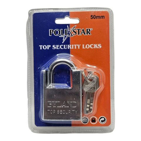 Metal padlock in packaging with 'Pole Star' branding on a white background