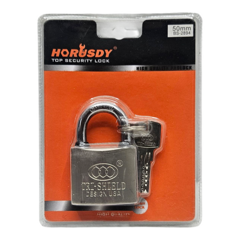 Metal padlock in clear packaging with orange background and Horusdy branding.