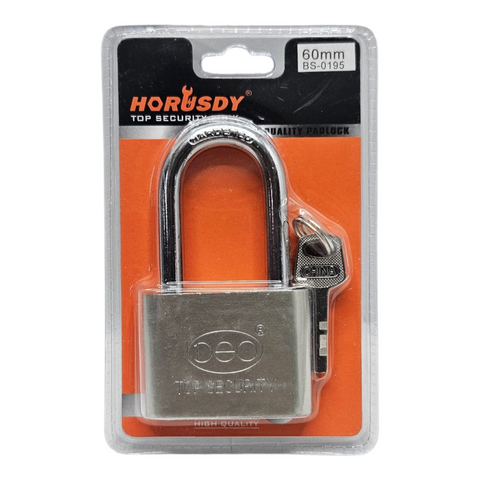 Metal padlock in clear packaging with Horusdy branding on an orange background