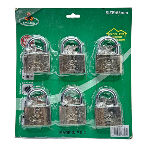 Pack of six metal locks in clear plastic on a green packaging background