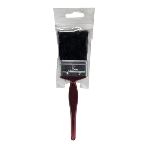 Paint brush with red handle and black bristles in clear packaging on a white background