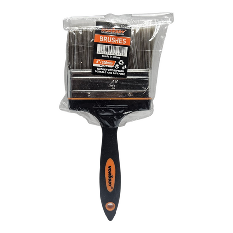 Paint brush with black handle and orange branding in clear packaging on a white background