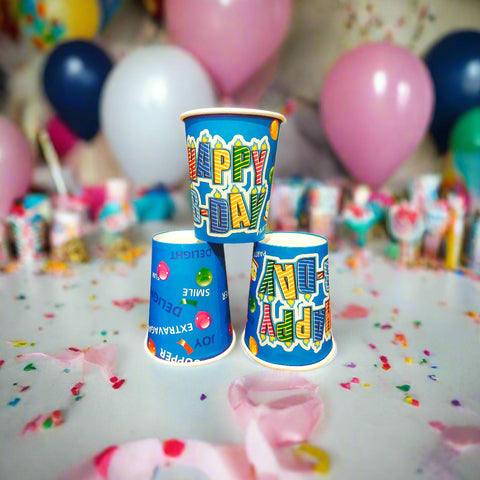Three colorful paper cups with text on a white background