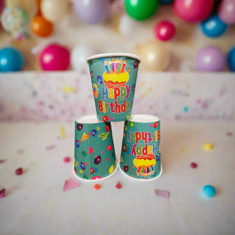 Three colorful paper cups with 'Happy Birthday' text on a white background