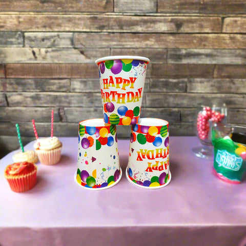 Three colorful paper cups with 'Happy Birthday' text on a white background