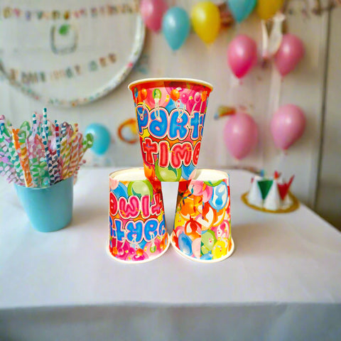 Colorful party cups with text on a white background