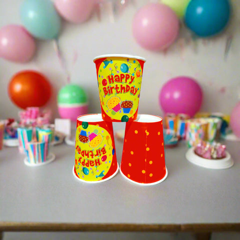 Three colorful party cups with text on a white background