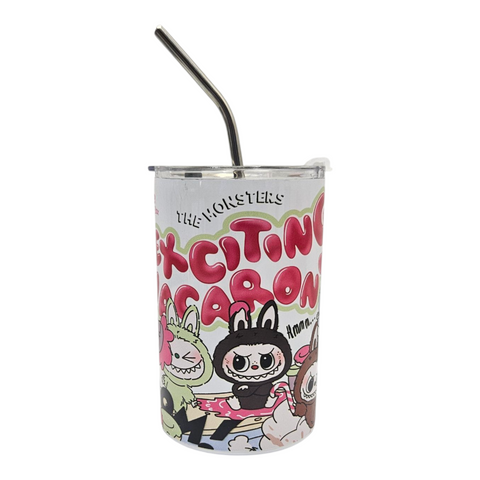 Tumbler with cartoon characters and text on a white background