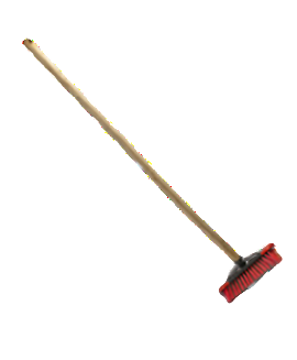 Broom with a wooden handle and red bristles on a white background