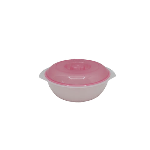 Pink and white container with a lid on a white background