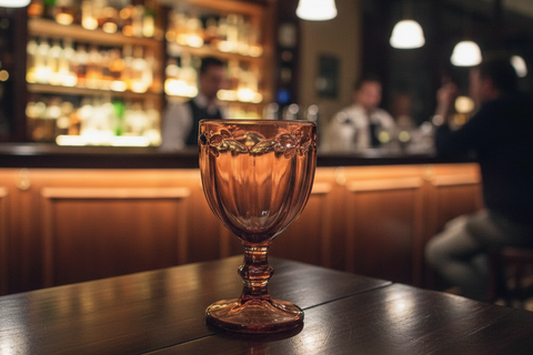 Pink glass goblet on a wooden table with a blurred background