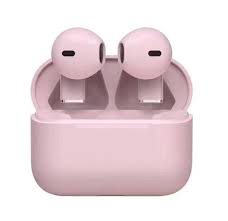 Pink wireless earbuds in a charging case on a white background