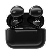 Black wireless earbuds in a charging case