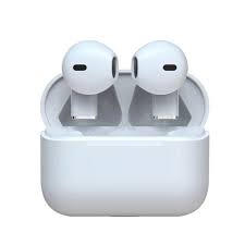 White wireless earbuds in a charging case on a white background