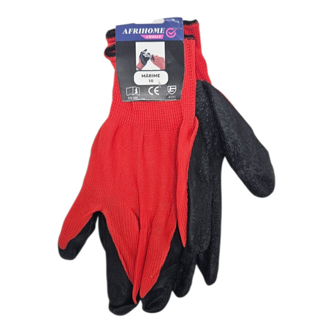 Red and black gloves with a visible brand label on a white background