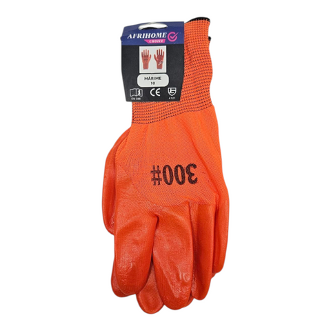 Orange work glove with '#300' marking and Afrihome branding on a white background