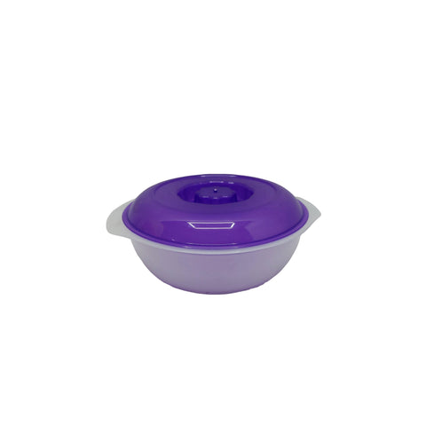 Purple and white container with a lid on a white background