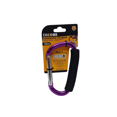 Purple carabiner with black handle on Tokoma packaging against a white background