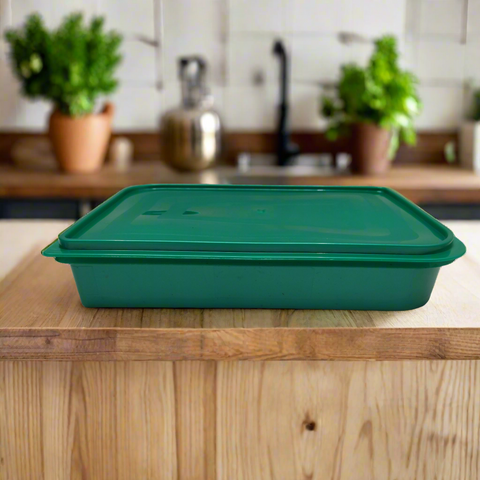 Green plastic container with lid on a white background