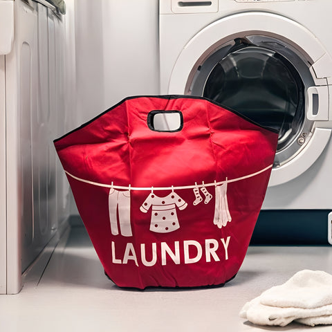 Red laundry basket with 'LAUNDRY' text in front of a washing machine.