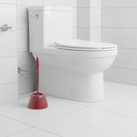 Red toilet brush with holder on a white background