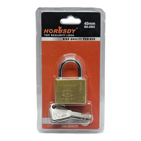 Gold padlock with two keys in clear plastic packaging on a white background