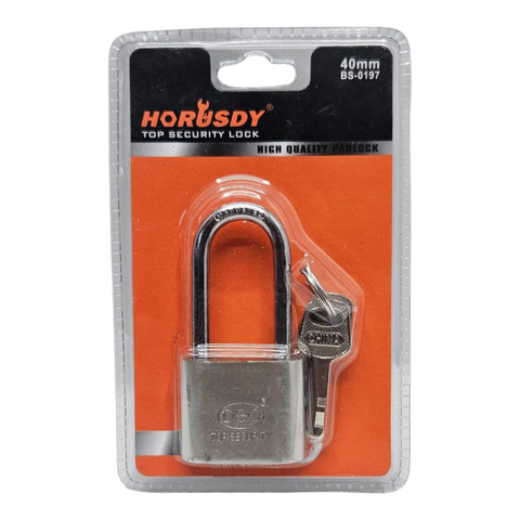 Horusdy padlock with keys in clear plastic packaging on an orange background