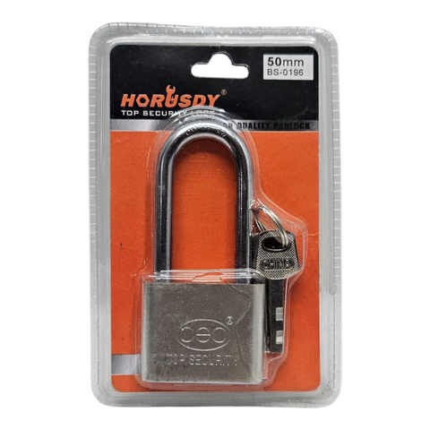 Metal padlock in clear packaging with Horusdy branding on an orange background