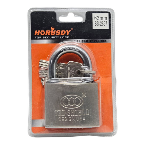 Silver padlock with key in packaging labeled 'Horusdy' on an orange background