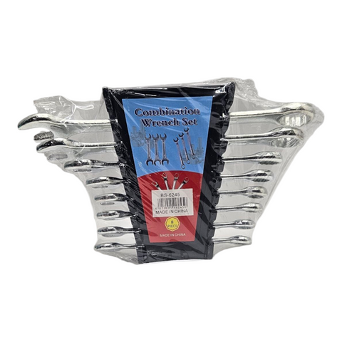 Set of combination wrenches in a clear plastic container with packaging on a white background