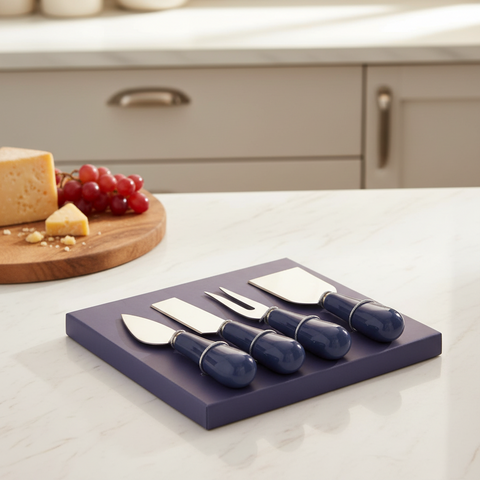 Set of four metal cheese knives with blue handles on a purple mat