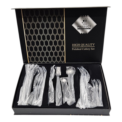 Set of polished cutlery in a black box with 'Product' branding.