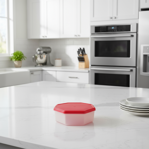 Small hexagonal container with a red lid on a white background