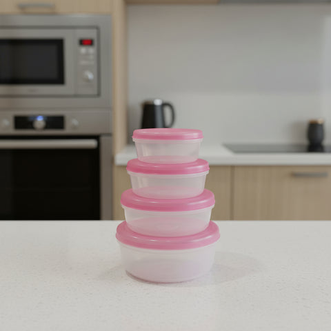 Stack of pink and white stacked bowls on a white background