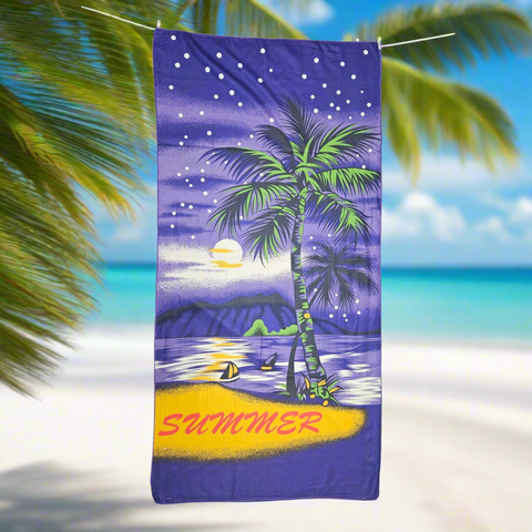 Towel with a tropical design featuring palm trees and the word 'Summer' on a purple background.