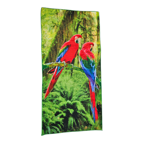 Towel with red parrot design on a green background