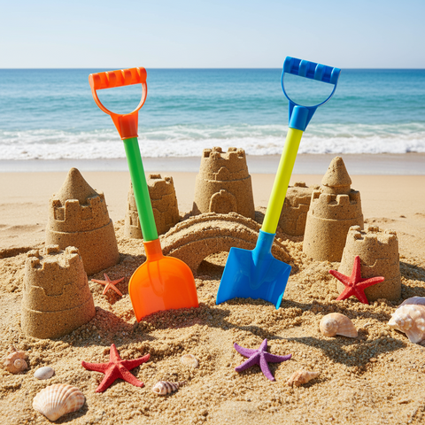 Two colorful toy shovels, one orange and green, the other blue and green, on a white background.