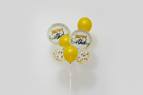 Yellow balloons with 'Happy Birthday' text on a white background