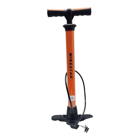 Orange and black bike pump with 'MIKESTAR' branding on a white background