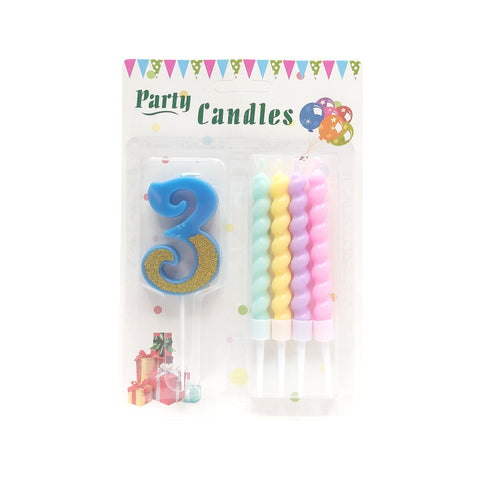 Packaged birthday candles with a blue number 3 and colorful spiral candles on a white background.