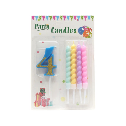 Packaged birthday candles with number 4 and colorful wavy candles on a white background