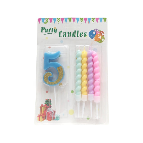 Packaged birthday candles with a number 5 and colorful spiral candles on a white background