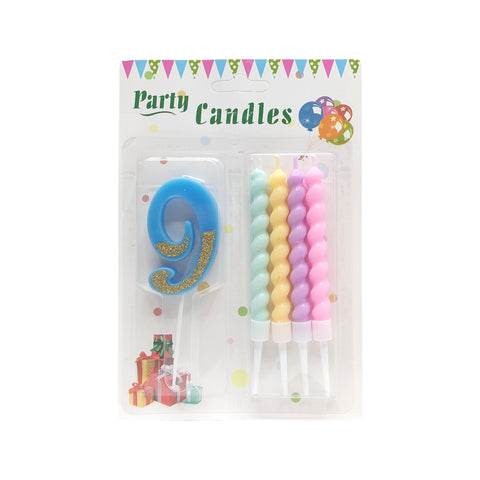 Packaged party candles with a blue number 9 and colorful wands on a white background