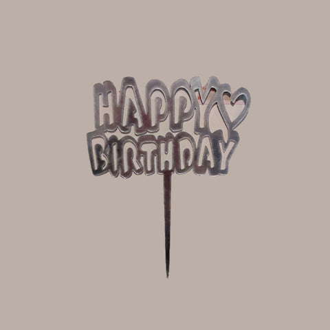 Metallic 'Happy Birthday' cake topper on a white background