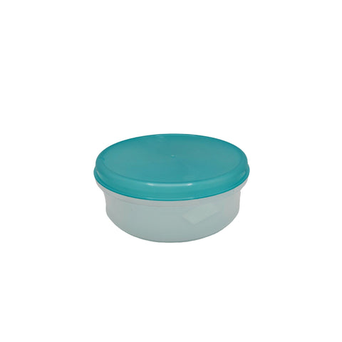 Small container with a teal lid on a white background