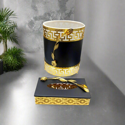 Luxurious Black & Gold Bathroom Accessories-dustbin & Tissue Box