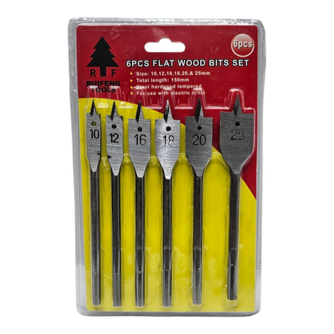 Packaged set of 6 flat wood bits with visible brand logo on a white background
