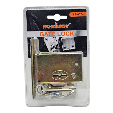 Horusdy gate lock packaging with a clear window showing the lock and keys.
