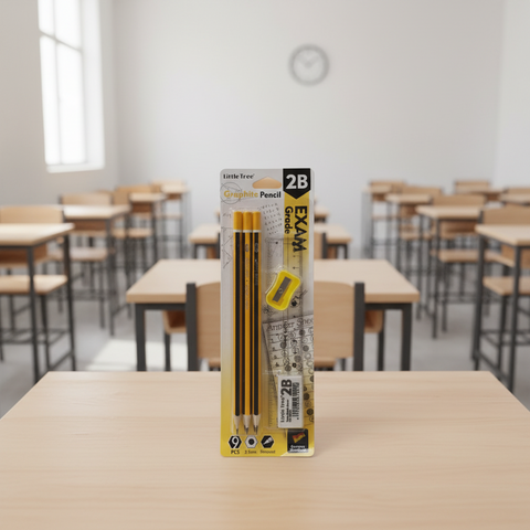 Packaged 2B pencil with sharpener on a desk in a classroom setting