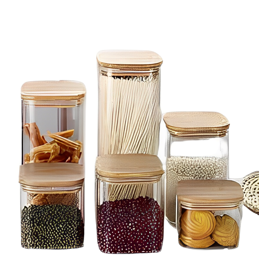 Borosilicate Glass Storage Jar With Bamboo Lids - Square - Set of 4 ...